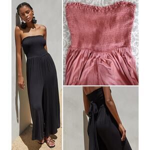 Anthropologie NEW Smocked Tube Strapless Jersey-Knit Wide-Leg Jumpsuit Medium
